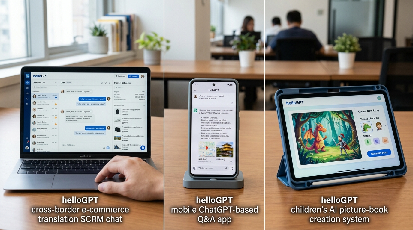 hellogpt 三类同名工具对比:翻译SCRM聊天工具、AI问答App、绘本创作系统